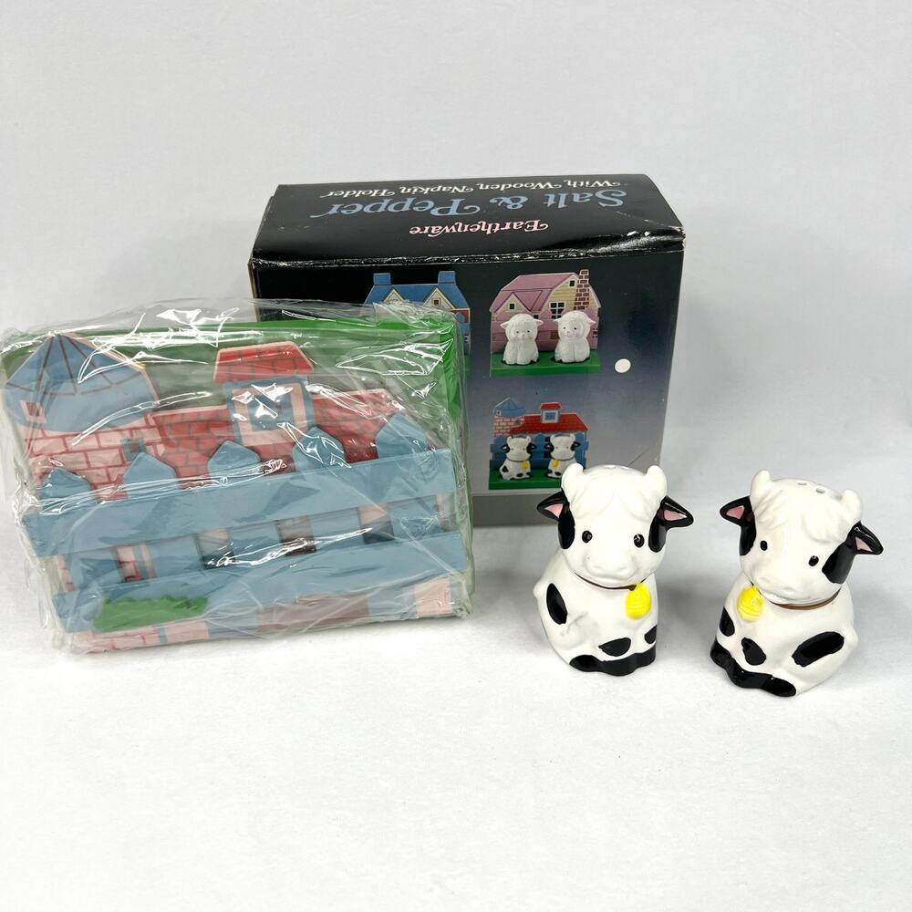 Vintage Earthenware Cow Salt & Pepper Shakers & Napkin Holder